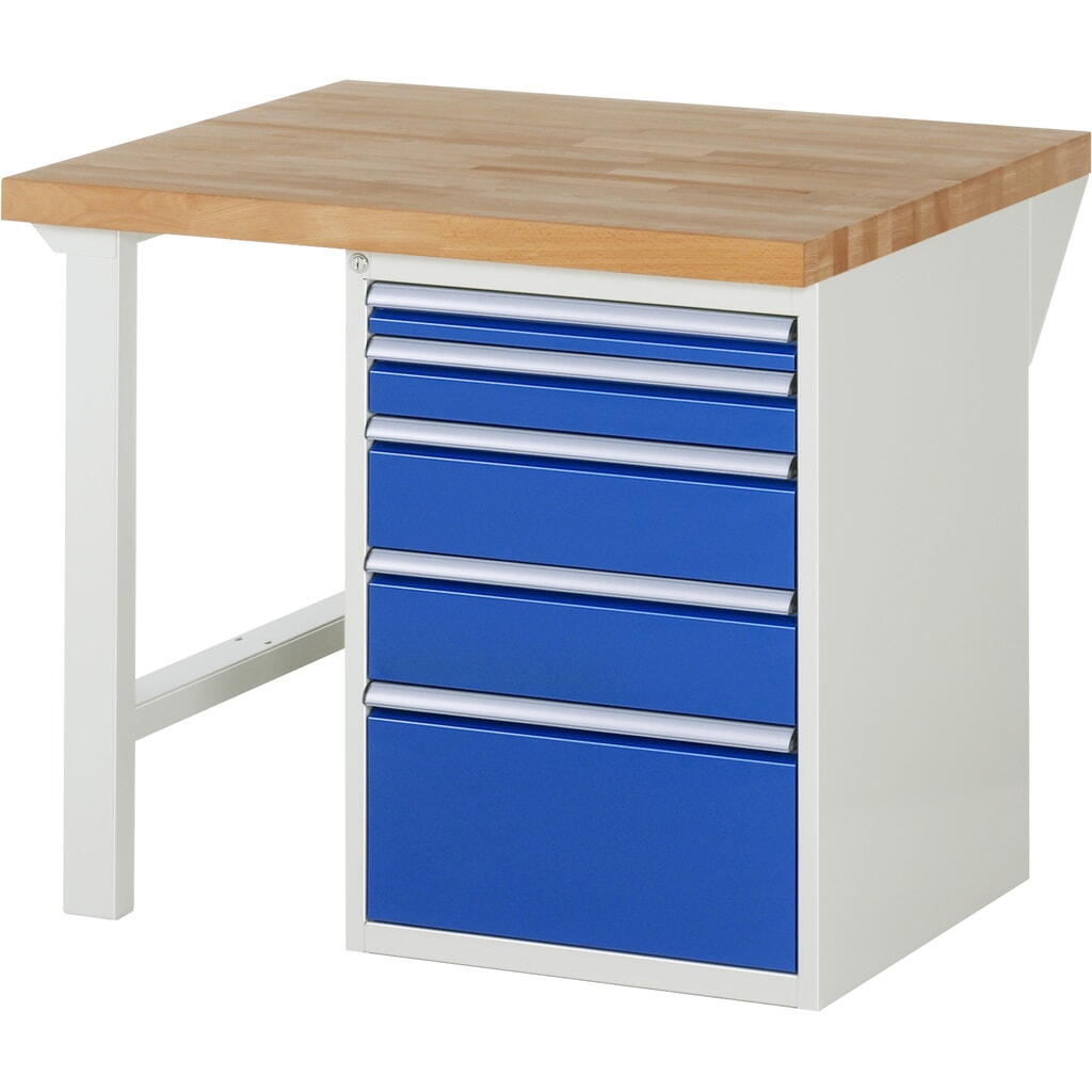 Imagen del producto: Banco de trabajo RAU serie 7000, 1 contenedor, HxAxF 890 x 1.000 x 900 mm, 5 cajones extraíbles al 90 %, 1 x 60, 1 x 90, 2 x 150, 1 x 270 mm, CC por cajón 100 kg