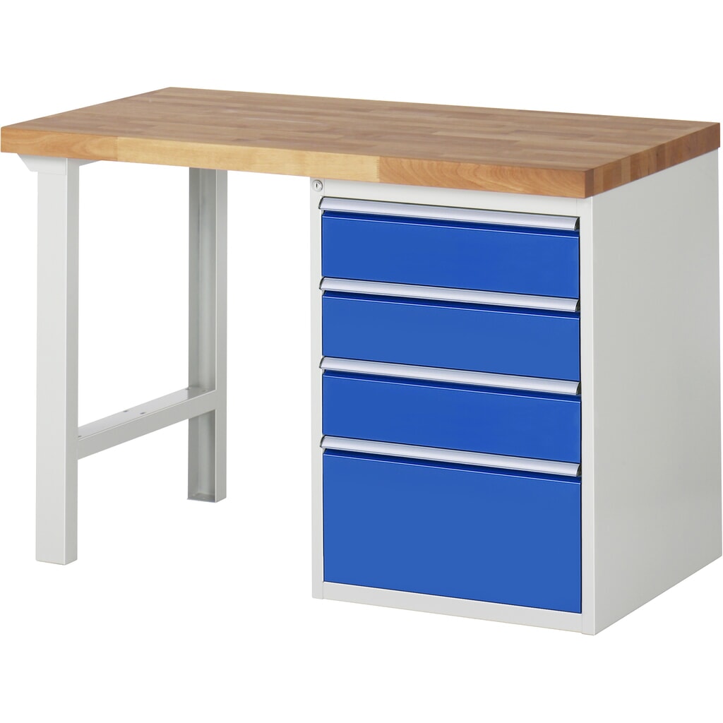 Banco de trabajo RAU serie 7000, 1 contenedor, HxAxF 890 x 1.250 x 700 mm, 4 cajones extraíbles al 90 %, 3 x 150, 1 x 270 mm, CC por cajón 100 kg Imagen del producto: Banco de trabajo RAU serie 7000, 1 contenedor, HxAxF 890 x 1.250 x 700 mm, 4 cajones extraíbles al 90 %, 3 x 150, 1 x 270 mm, CC por cajón 100 kg