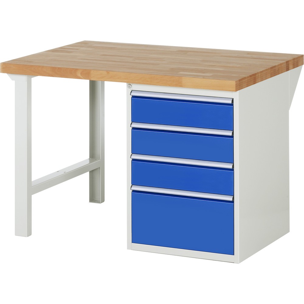Imagen del producto: Banco de trabajo RAU serie 7000, 1 contenedor, HxAxF 890 x 1.250 x 900 mm, 4 cajones extraíbles al 90 %, 3 x 150, 1 x 270 mm, CC por cajón 100 kg
