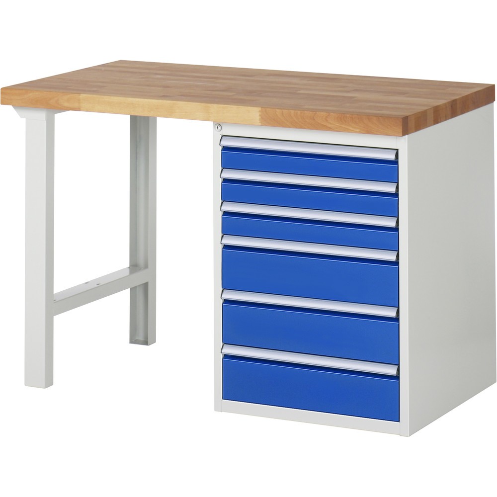 Imagen del producto: Banco de trabajo RAU serie 7000, 1 contenedor, HxAxF 890 x 1.250 x 700 mm, 6 cajones extraíbles al 90 %, 3 x 90, 3 x 150 mm, CC por cajón 100 kg
