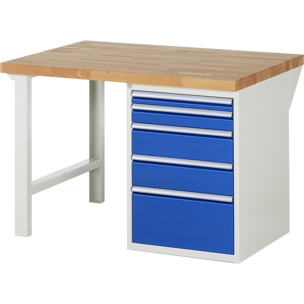 Imagen del producto: Banco de trabajo RAU serie 7000, 1 contenedor, HxAxF 890 x 1.250 x 900 mm, 5 cajones extraíbles al 90 %, 1 x 60, 1 x 90, 2 x 150, 1 x 270 mm, CC por cajón 100 kg