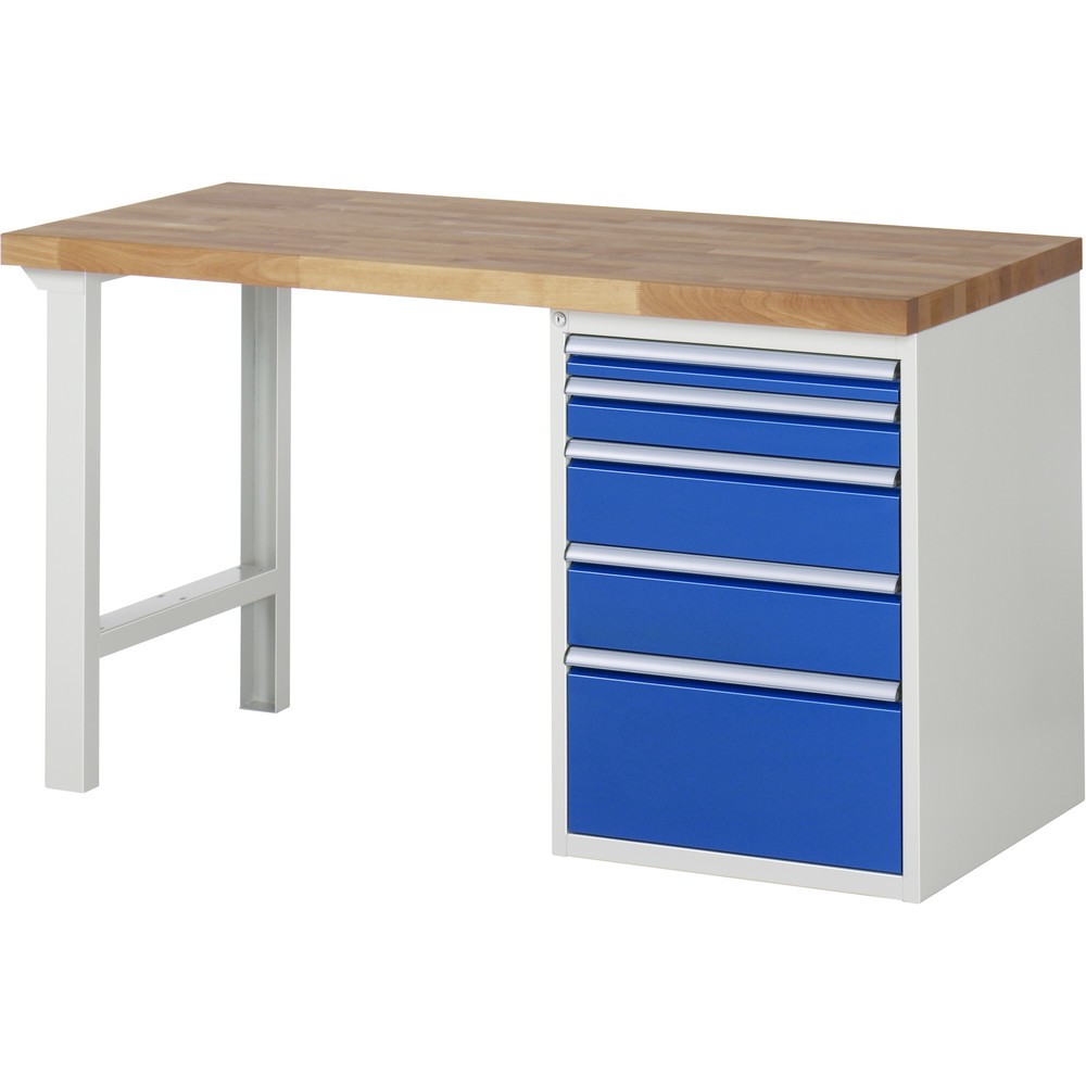 Imagen del producto: Banco de trabajo RAU serie 7000, 1 contenedor, HxAxF 890 x 1.500 x 700 mm, 5 cajones extraíbles al 90 %, 1 x 60, 1 x 90, 2 x 150, 1 x 270 mm, CC por cajón 100 kg