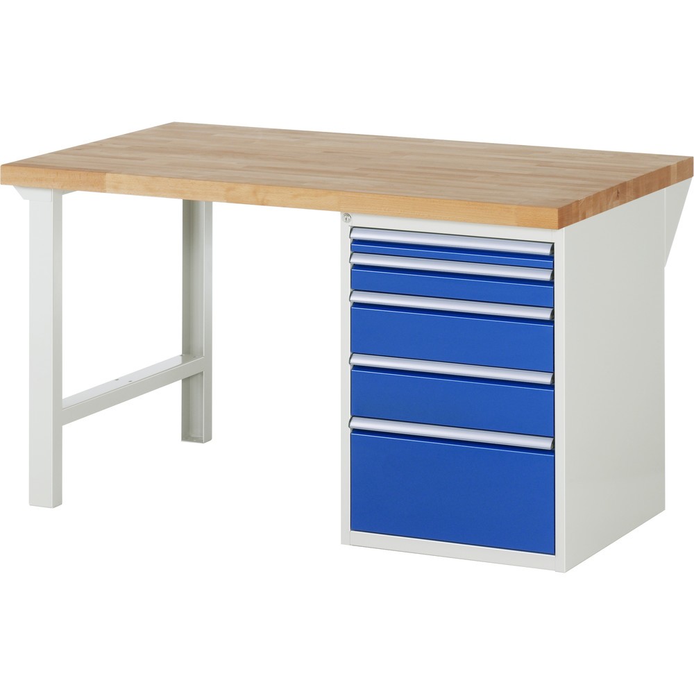 Imagen del producto: Banco de trabajo RAU serie 7000, 1 contenedor, HxAxF 890 x 1.500 x 900 mm, 5 cajones extraíbles al 90 %, 1 x 60, 1 x 90, 2 x 150, 1 x 270 mm, CC por cajón 100 kg