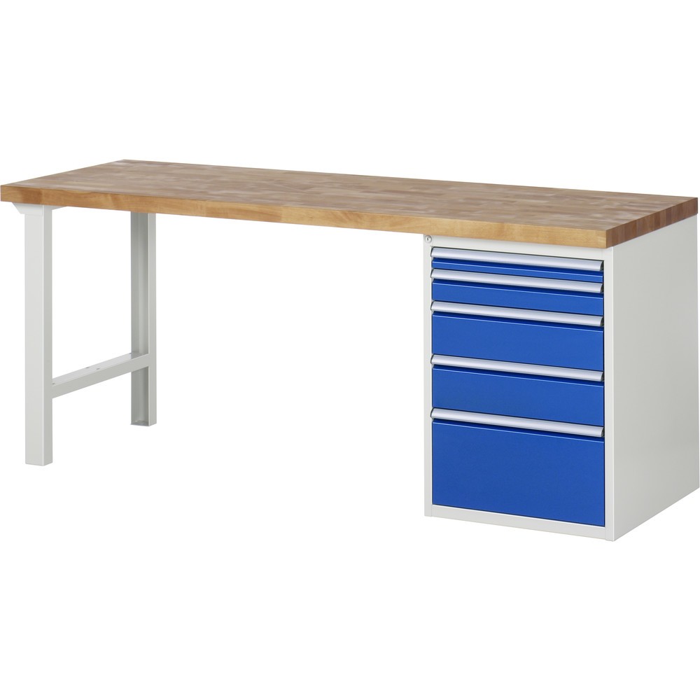 Imagen del producto: Banco de trabajo RAU serie 7000, 1 contenedor, HxAxF 890 x 2.000 x 700 mm, 5 cajones extraíbles al 90 %, 1 x 60, 1 x 90, 2 x 150, 1 x 270 mm, CC por cajón 100 kg