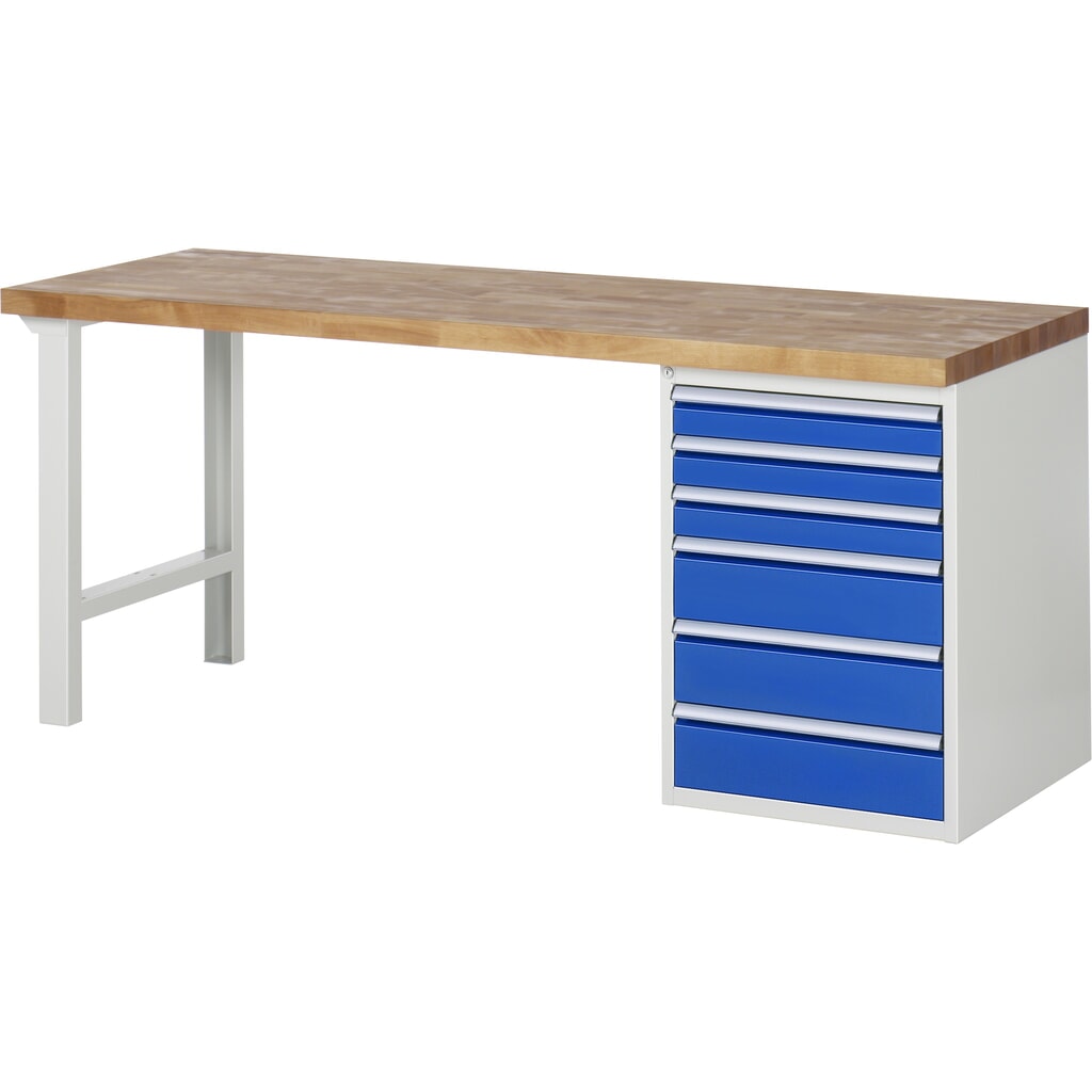 Imagen del producto: Banco de trabajo RAU serie 7000, 1 contenedor, HxAxF 890 x 2.000 x 700 mm, 6 cajones extraíbles al 90 %, 3 x 90, 3 x 150 mm, CC por cajón 100 kg
