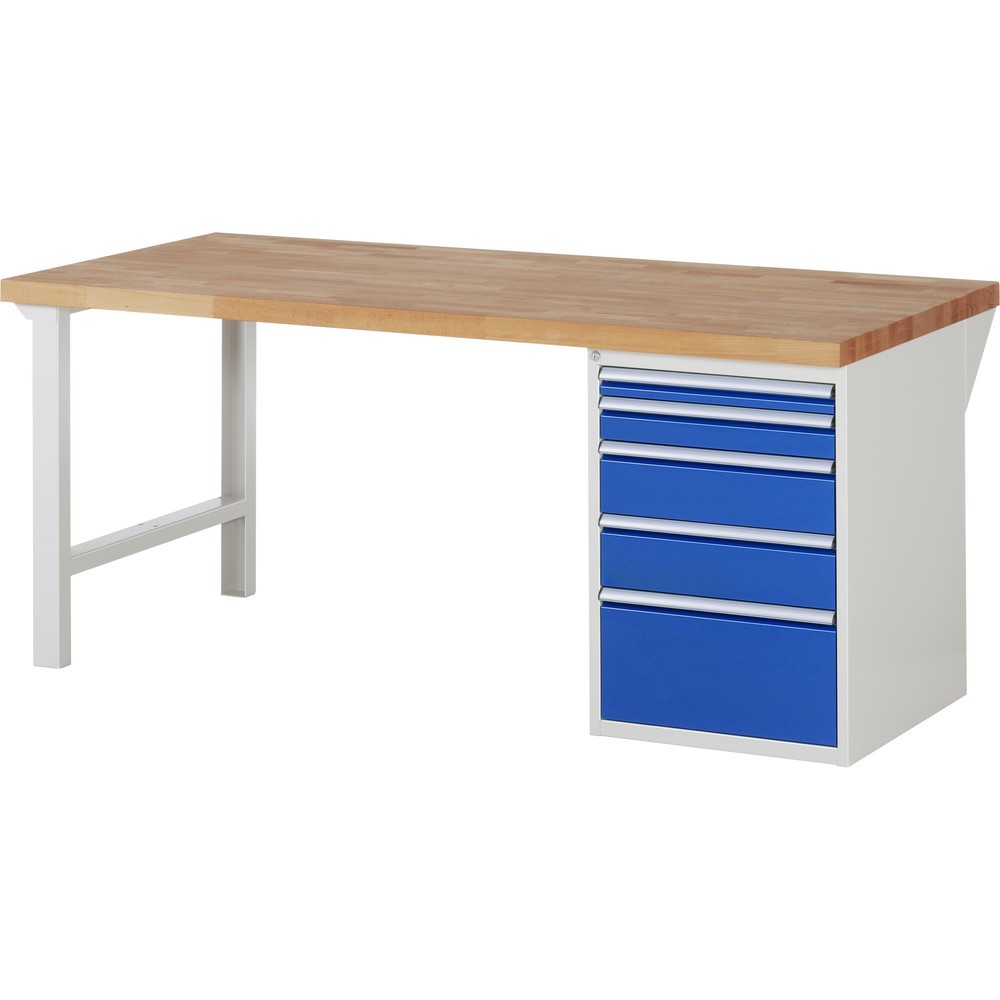 Imagen del producto: Banco de trabajo RAU serie 7000, 1 contenedor, HxAxF 890 x 2.000 x 900 mm, 5 cajones extraíbles al 90 %, 1 x 60, 1 x 90, 2 x 150, 1 x 270 mm, CC por cajón 100 kg