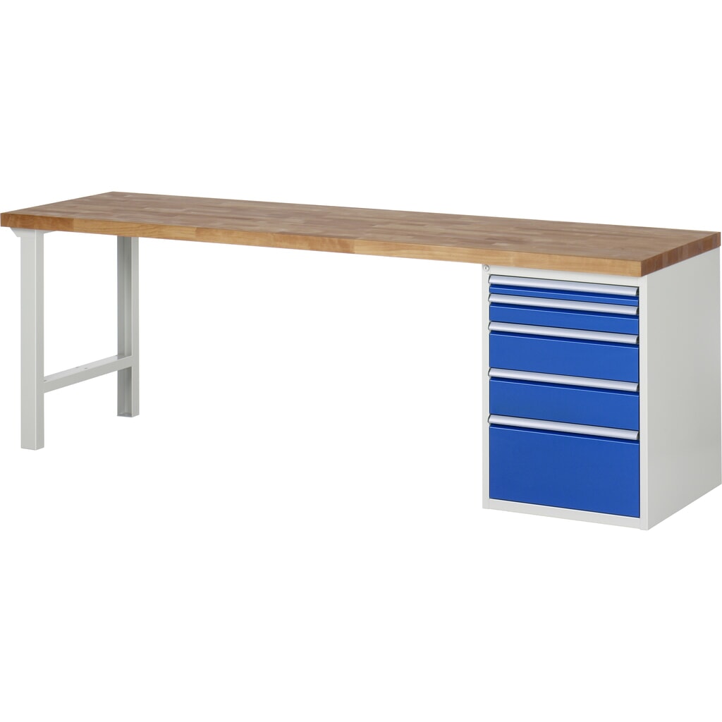 Imagen del producto: Banco de trabajo RAU serie 7000, 1 contenedor, HxAxF 890 x 2.500 x 700 mm, 5 cajones extraíbles al 90 %, 1 x 60, 1 x 90, 2 x 150, 1 x 270 mm, CC por cajón 100 kg