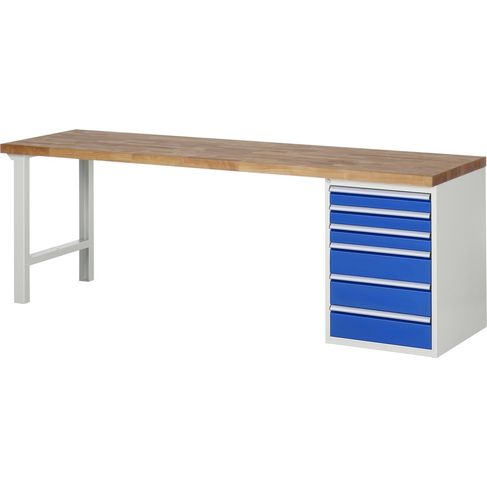Imagen del producto: Banco de trabajo RAU serie 7000, 1 contenedor, HxAxF 890 x 2.500 x 700 mm, 6 cajones extraíbles al 90 %, 3 x 90, 3 x 150 mm, CC por cajón 100 kg