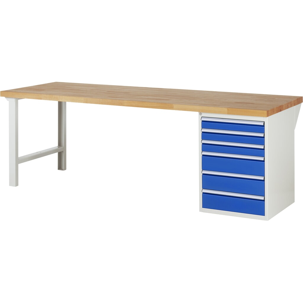 Banco de trabajo RAU serie 7000, 1 contenedor, HxAxF 890 x 2.500 x 900 mm, 6 cajones extraíbles al 90 %, 3 x 90, 3 x 150 mm, CC por cajón 100 kg Imagen del producto: Banco de trabajo RAU serie 7000, 1 contenedor, HxAxF 890 x 2.500 x 900 mm, 6 cajones extraíbles al 90 %, 3 x 90, 3 x 150 mm, CC por cajón 100 kg