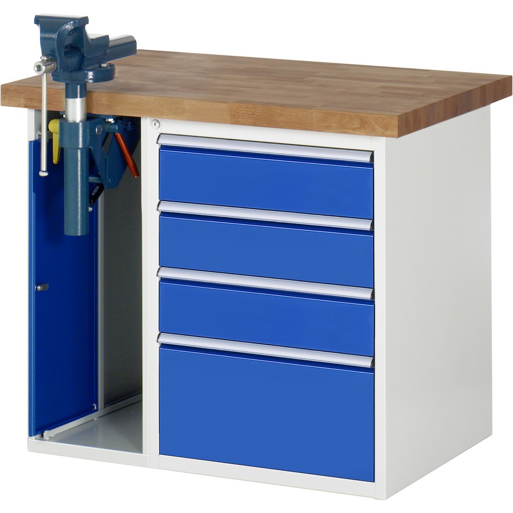 Imagen del producto: Banco de trabajo RAU serie 7000, 2 contenedores, tornillo de banco, HxAxF 890 x 1.000 x 700 mm, 4 cajones extraíbles al 90 %, CC por cajón 100 kg