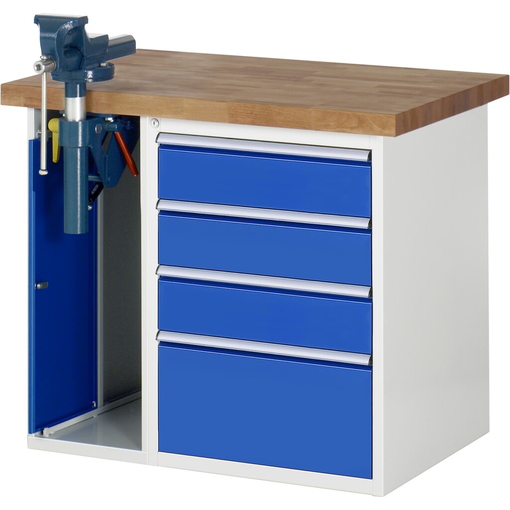 Imagen del producto: Banco de trabajo RAU serie 7000, 2 contenedores, tornillo de banco, HxAxF 890 x 1.000 x 700 mm, 4 cajones extraíbles al 90 %, CC por cajón 100 kg