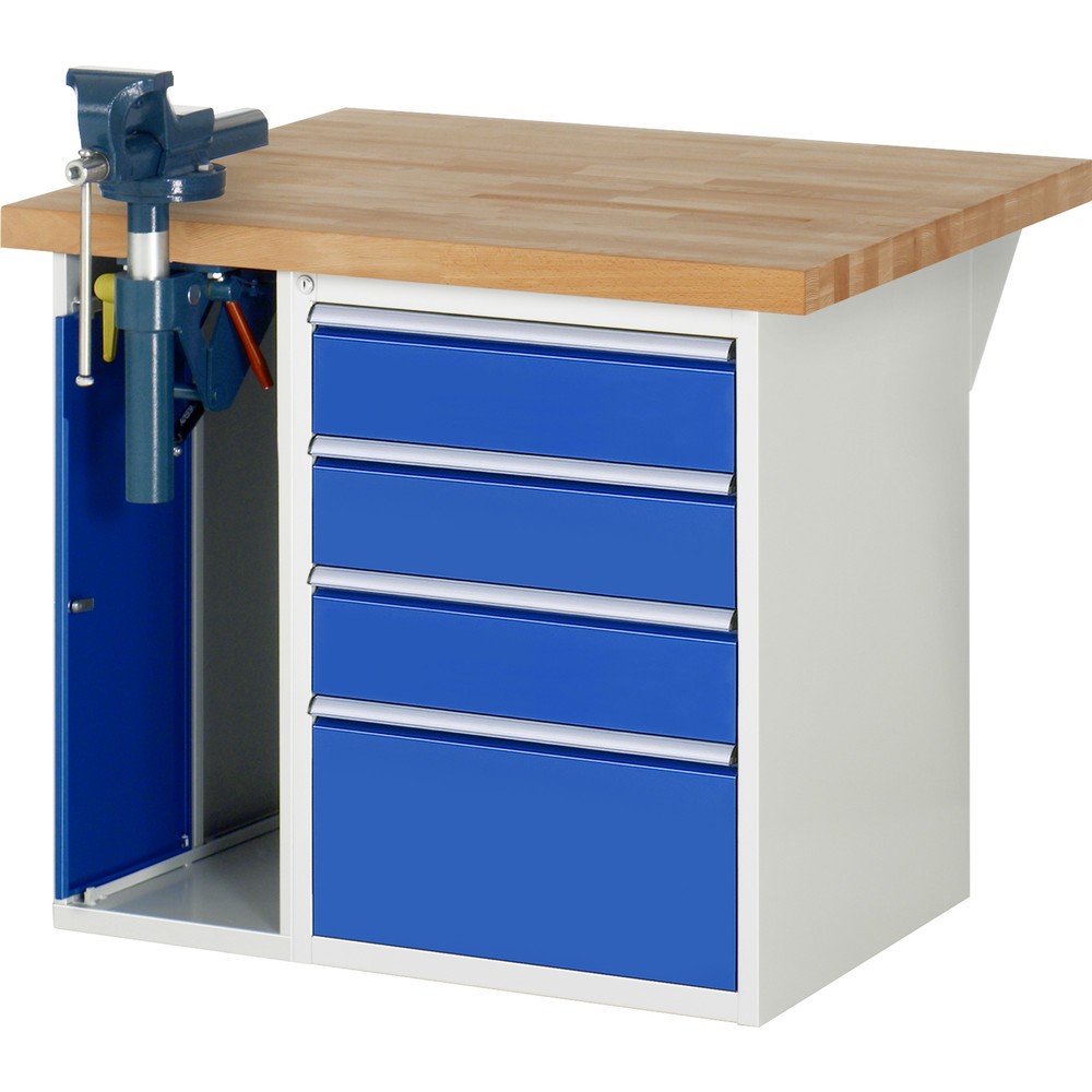 Imagen del producto: Banco de trabajo RAU serie 7000, 2 contenedores, tornillo de banco, HxAxF 890 x 1.000 x 900 mm, 4 cajones extraíbles al 90 %, CC por cajón 100 kg