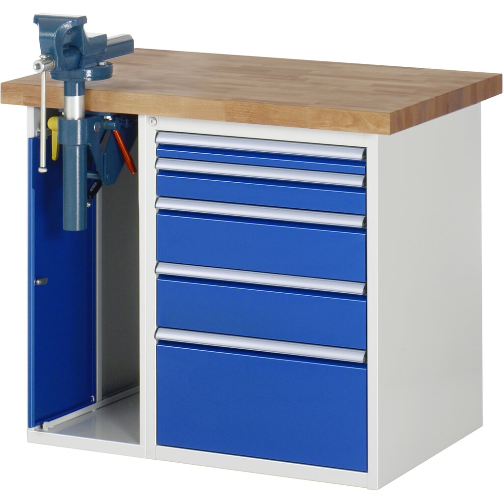 Banco de trabajo RAU serie 7000, 2 contenedores, tornillo de banco, HxAxF 890 x 1.000 x 700 mm, 5 cajones extraíbles al 90 % Imagen del producto: Banco de trabajo RAU serie 7000, 2 contenedores, tornillo de banco, HxAxF 890 x 1.000 x 700 mm, 5 cajones extraíbles al 90 %