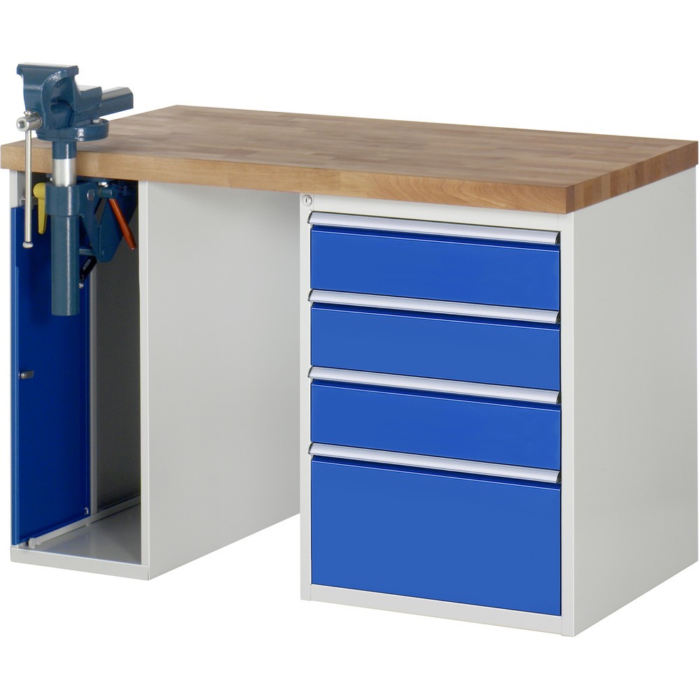 Imagen del producto: Banco de trabajo RAU serie 7000, 2 contenedores, tornillo de banco, HxAxF 890 x 1.250 x 700 mm, 4 cajones extraíbles al 90 %, CC por cajón 100 kg