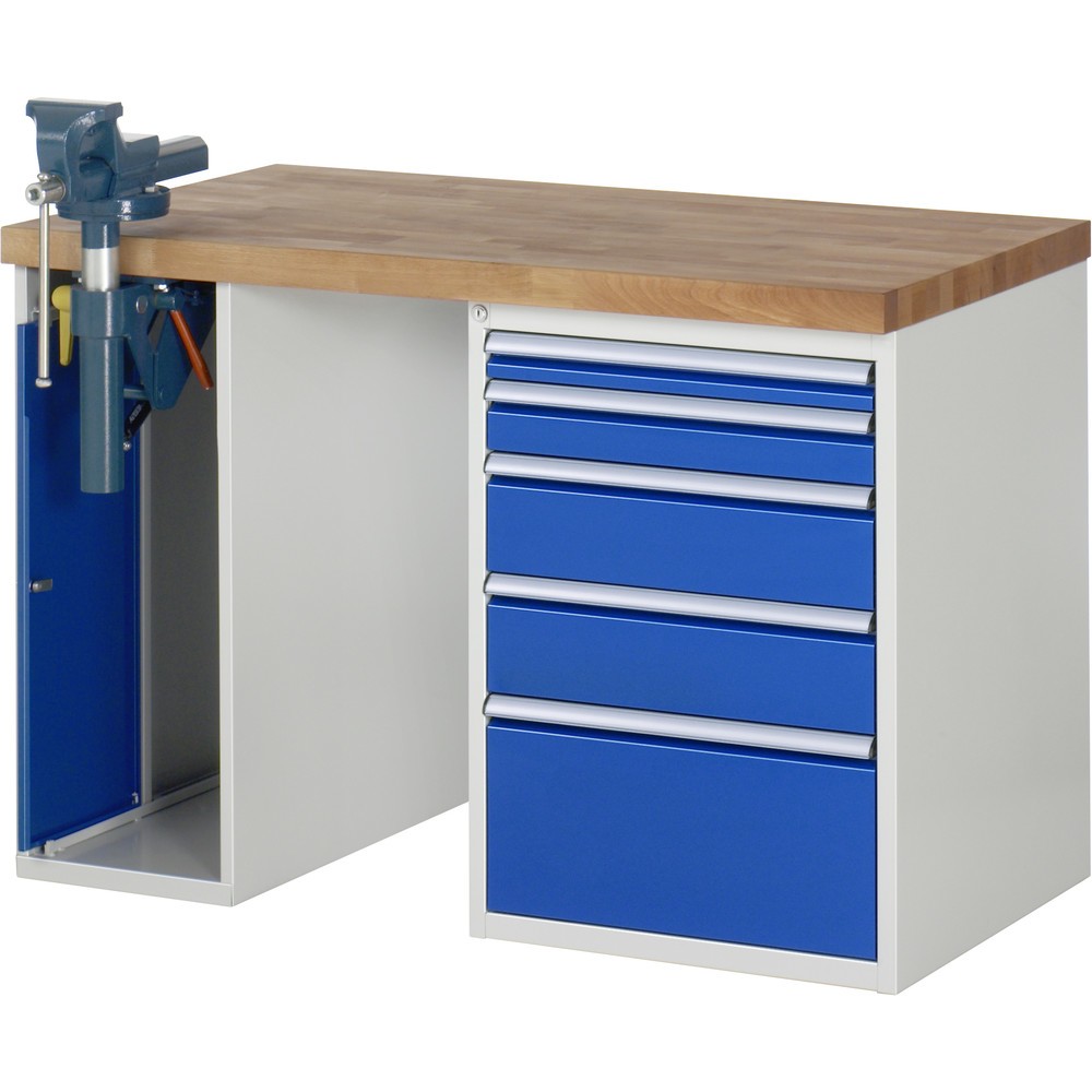 Imagen del producto: Banco de trabajo RAU serie 7000, 2 contenedores, tornillo de banco, HxAxF 890 x 1.250 x 700 mm, 5 cajones extraíbles al 90 %