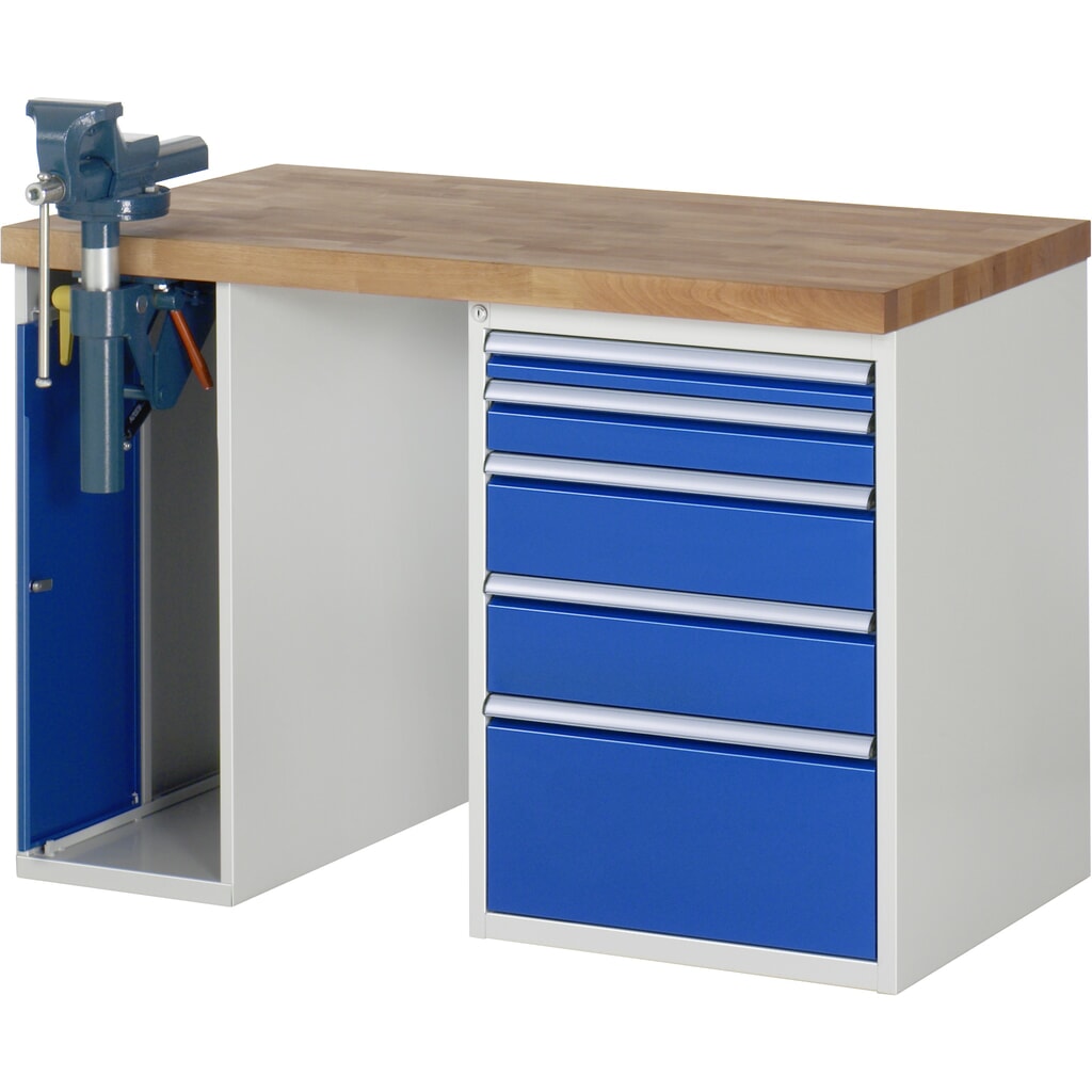 Banco de trabajo RAU serie 7000, 2 contenedores, tornillo de banco, HxAxF 890 x 1.250 x 700 mm, 5 cajones extraíbles al 90 % Imagen del producto: Banco de trabajo RAU serie 7000, 2 contenedores, tornillo de banco, HxAxF 890 x 1.250 x 700 mm, 5 cajones extraíbles al 90 %