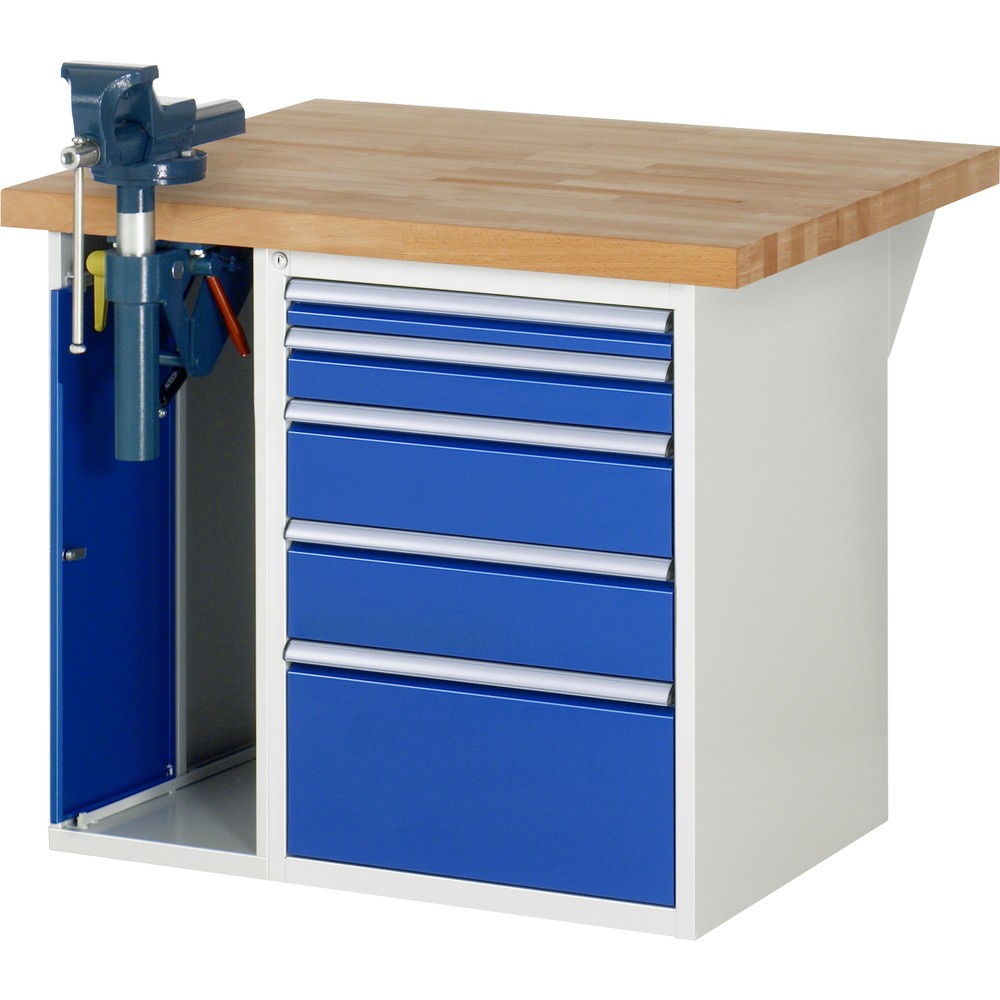 Imagen del producto: Banco de trabajo RAU serie 7000, 2 contenedores, tornillo de banco, HxAxF 890 x 1.000 x 900 mm, 5 cajones extraíbles al 90 %