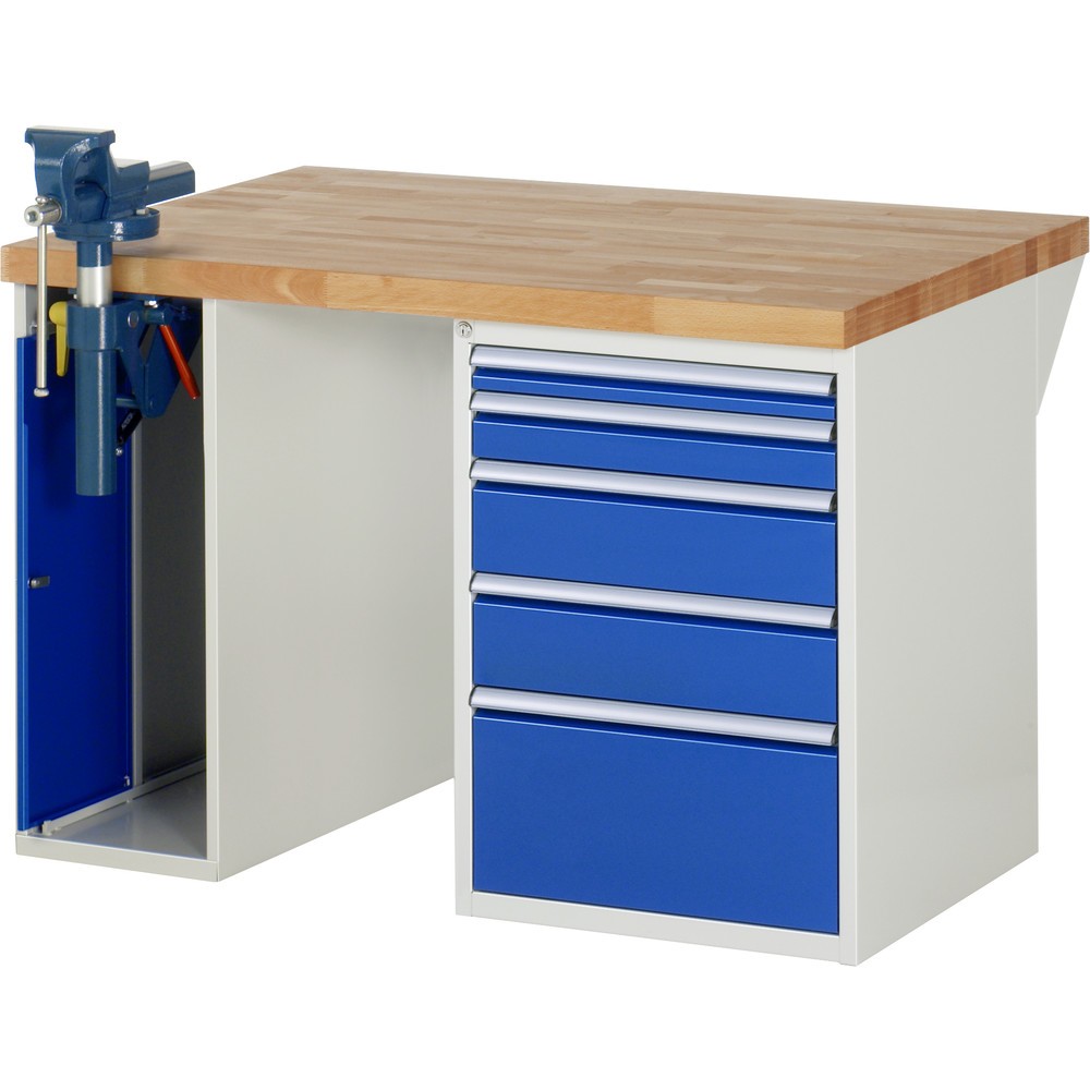 Imagen del producto: Banco de trabajo RAU serie 7000, 2 contenedores, tornillo de banco, HxAxF 890 x 1.250 x 900 mm, 5 cajones extraíbles al 90 %