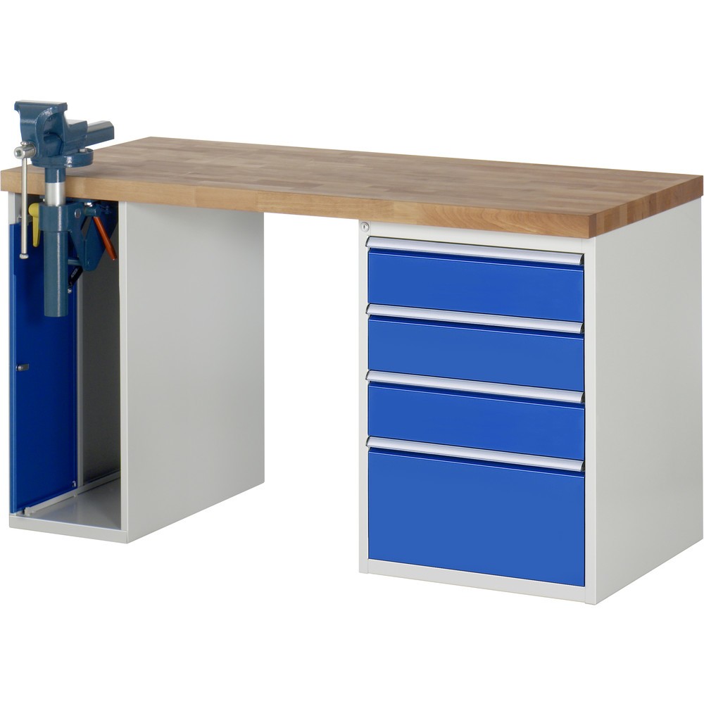 Imagen del producto: Banco de trabajo RAU serie 7000, 2 contenedores, tornillo de banco, HxAxF 890 x 1.500 x 700 mm, 4 cajones extraíbles al 90 %, CC por cajón 100 kg
