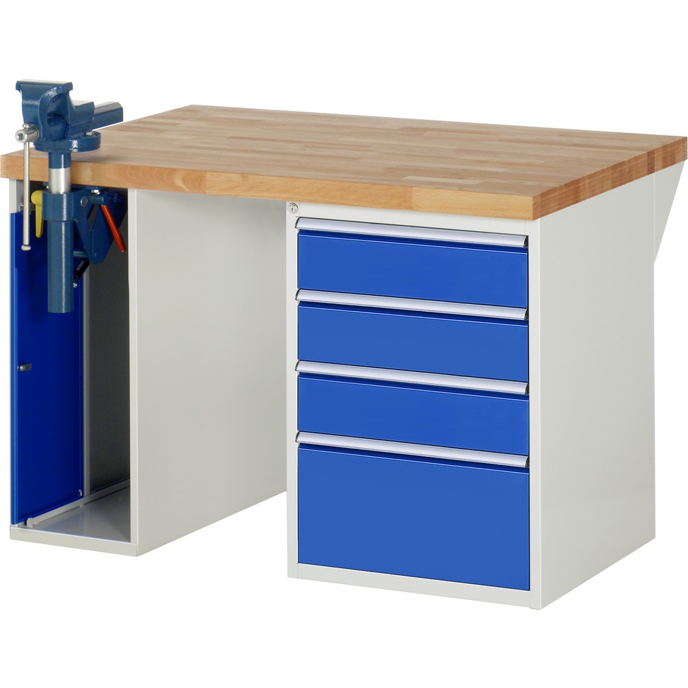 Imagen del producto: Banco de trabajo RAU serie 7000, 2 contenedores, tornillo de banco, HxAxF 890 x 1.250 x 900 mm, 4 cajones extraíbles al 90 %, CC por cajón 100 kg
