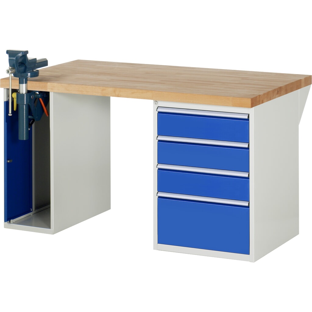 Banco de trabajo RAU serie 7000, 2 contenedores, tornillo de banco, HxAxF 890 x 1.500 x 900 mm, 4 cajones extraíbles al 90 %, CC por cajón 100 kg Imagen del producto: Banco de trabajo RAU serie 7000, 2 contenedores, tornillo de banco, HxAxF 890 x 1.500 x 900 mm, 4 cajones extraíbles al 90 %, CC por cajón 100 kg