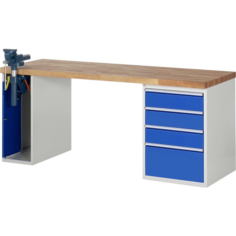 Imagen del producto: Banco de trabajo RAU serie 7000, 2 contenedores, tornillo de banco, HxAxF 890 x 2.000 x 700 mm, 4 cajones extraíbles al 90 %, CC por cajón 100 kg