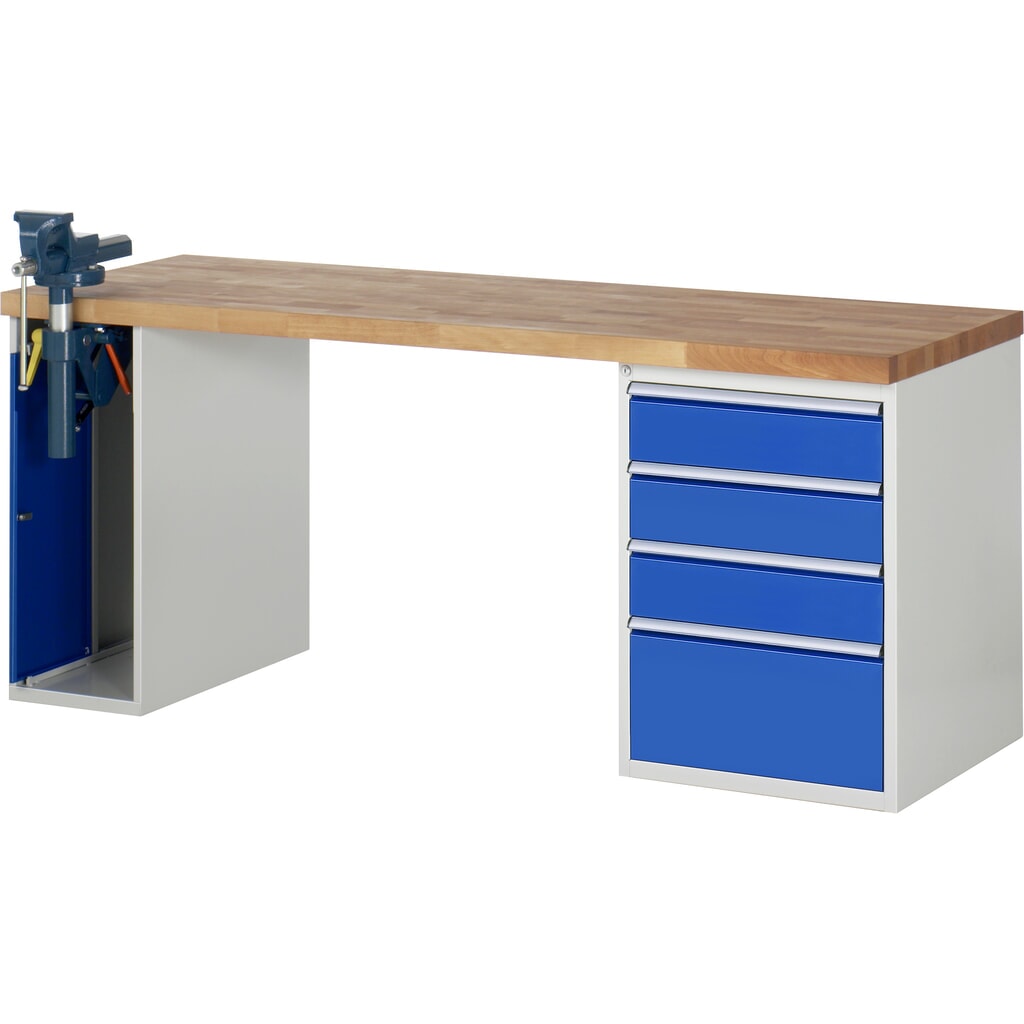 Imagen del producto: Banco de trabajo RAU serie 7000, 2 contenedores, tornillo de banco, HxAxF 890 x 2.000 x 700 mm, 4 cajones extraíbles al 90 %, CC por cajón 100 kg