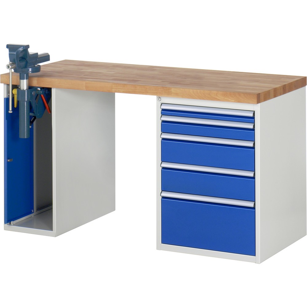 Imagen del producto: Banco de trabajo RAU serie 7000, 2 contenedores, tornillo de banco, HxAxF 890 x 1.500 x 700 mm, 5 cajones extraíbles al 90 %