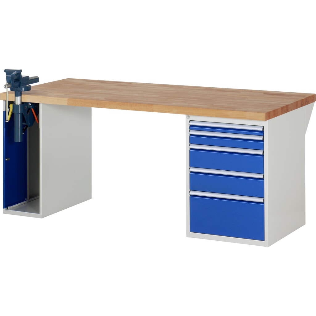 Banco de trabajo RAU serie 7000, 2 contenedores, tornillo de banco, HxAxF 890 x 2.000 x 900 mm, 5 cajones extraíbles al 90 % Imagen del producto: Banco de trabajo RAU serie 7000, 2 contenedores, tornillo de banco, HxAxF 890 x 2.000 x 900 mm, 5 cajones extraíbles al 90 %