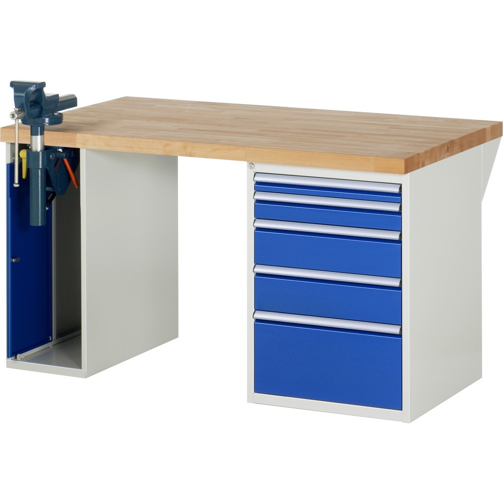 Imagen del producto: Banco de trabajo RAU serie 7000, 2 contenedores, tornillo de banco, HxAxF 890 x 1.500 x 900 mm, 5 cajones extraíbles al 90 %
