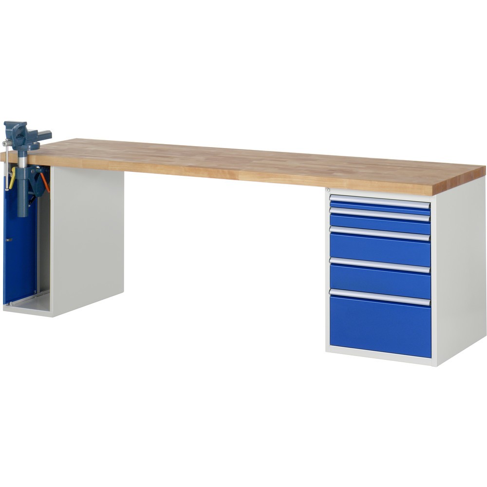 Imagen del producto: Banco de trabajo RAU serie 7000, 2 contenedores, tornillo de banco, HxAxF 890 x 2.500 x 700 mm, 5 cajones extraíbles al 90 %