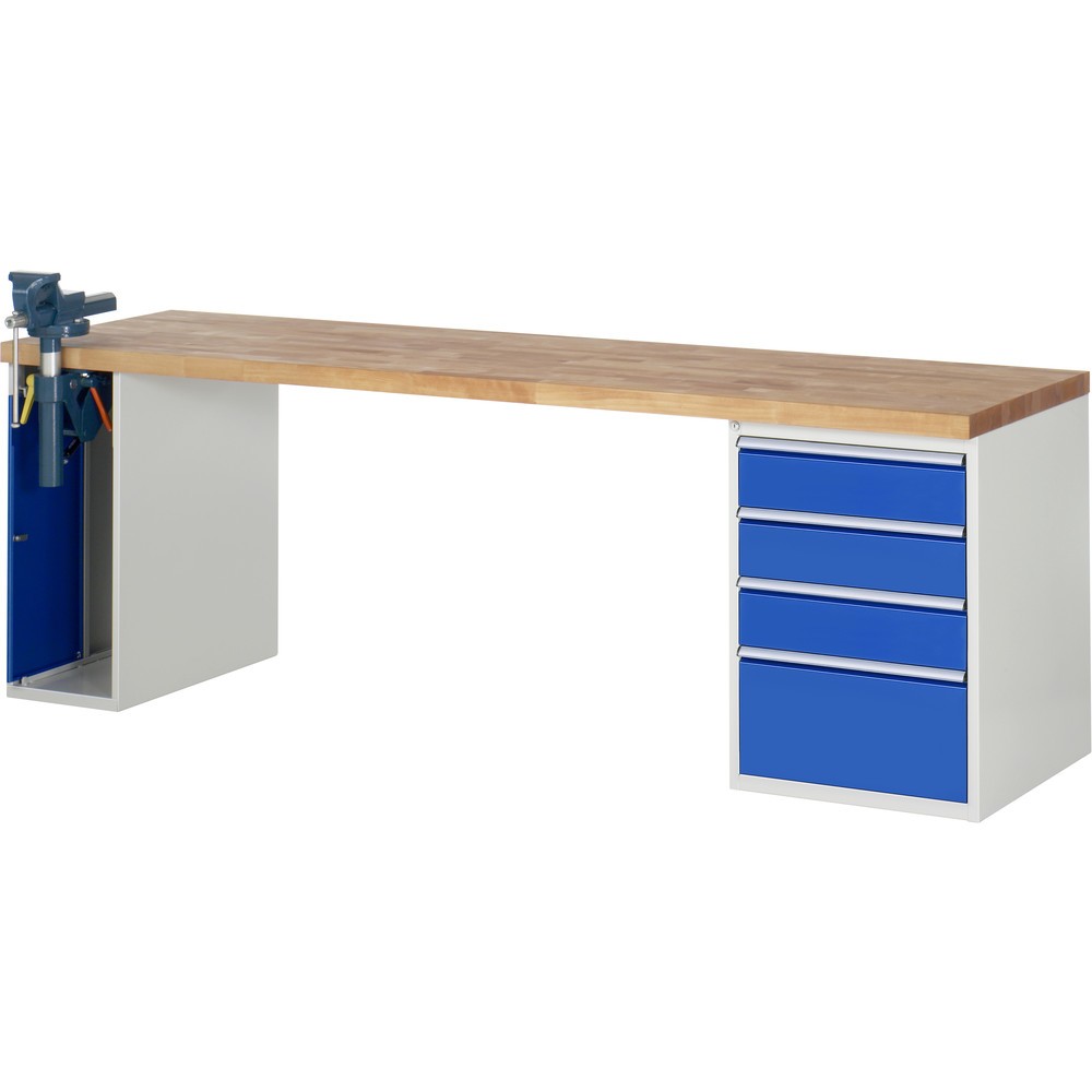 Imagen del producto: Banco de trabajo RAU serie 7000, 2 contenedores, tornillo de banco, HxAxF 890 x 2.500 x 700 mm, 4 cajones extraíbles al 90 %, CC por cajón 100 kg