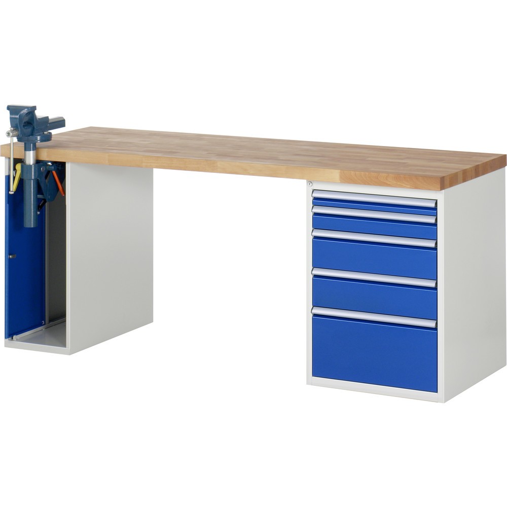 Imagen del producto: Banco de trabajo RAU serie 7000, 2 contenedores, tornillo de banco, HxAxF 890 x 2.000 x 700 mm, 5 cajones extraíbles al 90 %