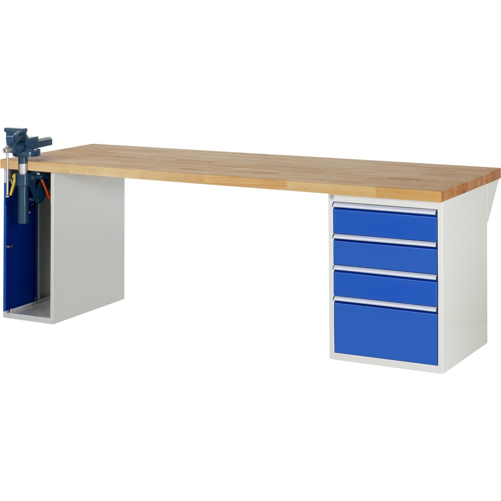 Banco de trabajo RAU serie 7000, 2 contenedores, tornillo de banco, HxAxF 890 x 2.500 x 900 mm, 4 cajones extraíbles al 90 %, CC por cajón 100 kg Imagen del producto: Banco de trabajo RAU serie 7000, 2 contenedores, tornillo de banco, HxAxF 890 x 2.500 x 900 mm, 4 cajones extraíbles al 90 %, CC por cajón 100 kg