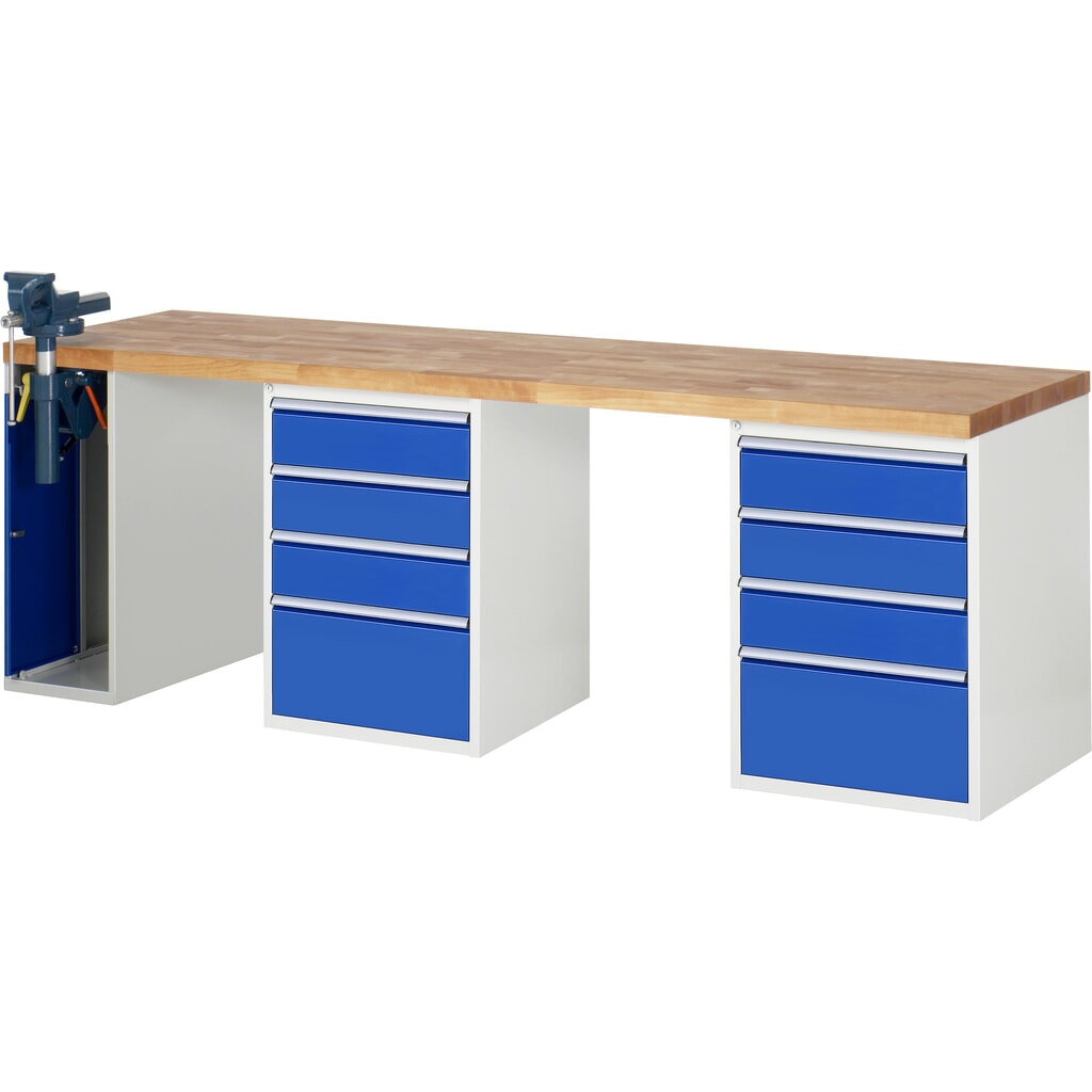 Banco de trabajo móvil RAU serie 7000, 3 contenedores, HxAxF 890 x 2.500 x 700 mm, 8 cajones extraíbles al 90 %, 1 tornillo de banco a la izquierda Imagen del producto: Banco de trabajo móvil RAU serie 7000, 3 contenedores, HxAxF 890 x 2.500 x 700 mm, 8 cajones extraíbles al 90 %, 1 tornillo de banco a la izquierda