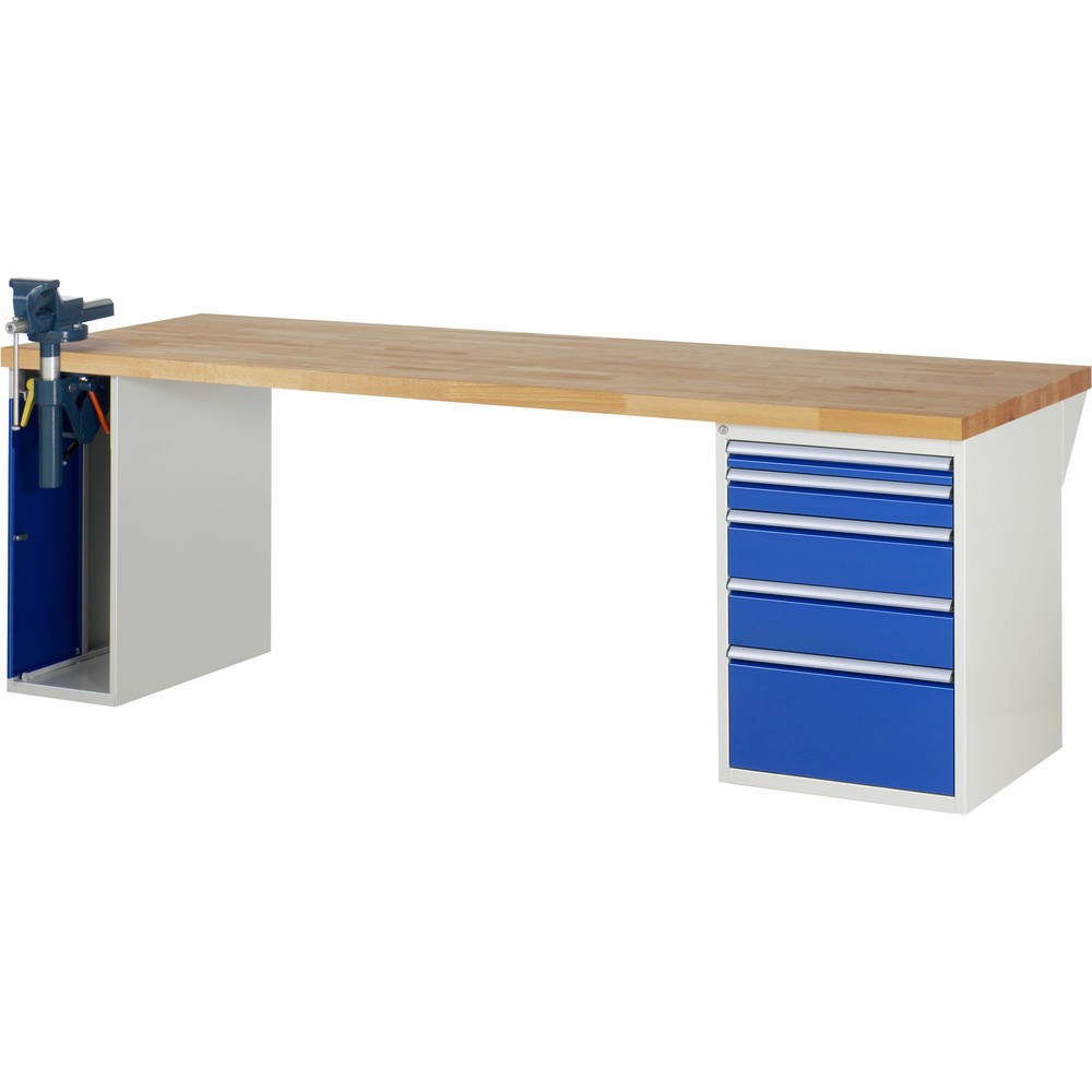 Imagen del producto: Banco de trabajo RAU serie 7000, 2 contenedores, tornillo de banco, HxAxF 890 x 2.500 x 900 mm, 5 cajones extraíbles al 90 %