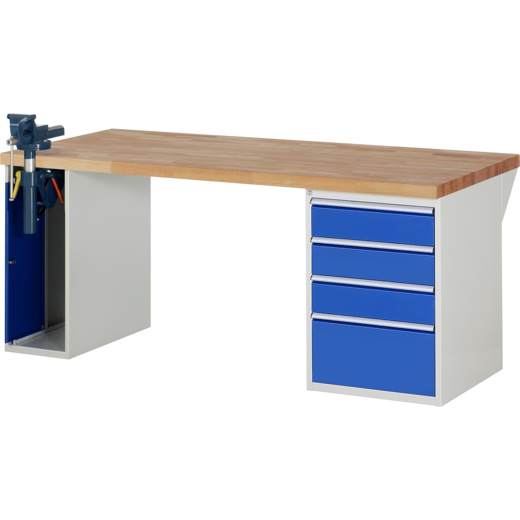 Banco de trabajo RAU serie 7000, 2 contenedores, tornillo de banco, HxAxF 890 x 2.000 x 900 mm, 4 cajones extraíbles al 90 %, CC por cajón 100 kg Imagen del producto: Banco de trabajo RAU serie 7000, 2 contenedores, tornillo de banco, HxAxF 890 x 2.000 x 900 mm, 4 cajones extraíbles al 90 %, CC por cajón 100 kg