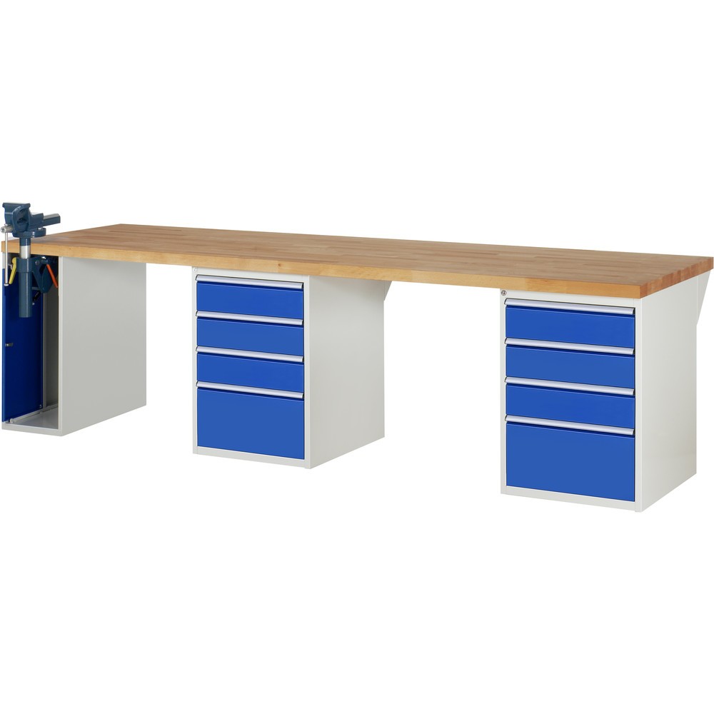 Imagen del producto: Banco de trabajo móvil RAU serie 7000, 3 contenedores, HxAxF 890 x 3.000 x 900 mm, 8 cajones extraíbles al 90 %, 1 tornillo de banco a la izquierda