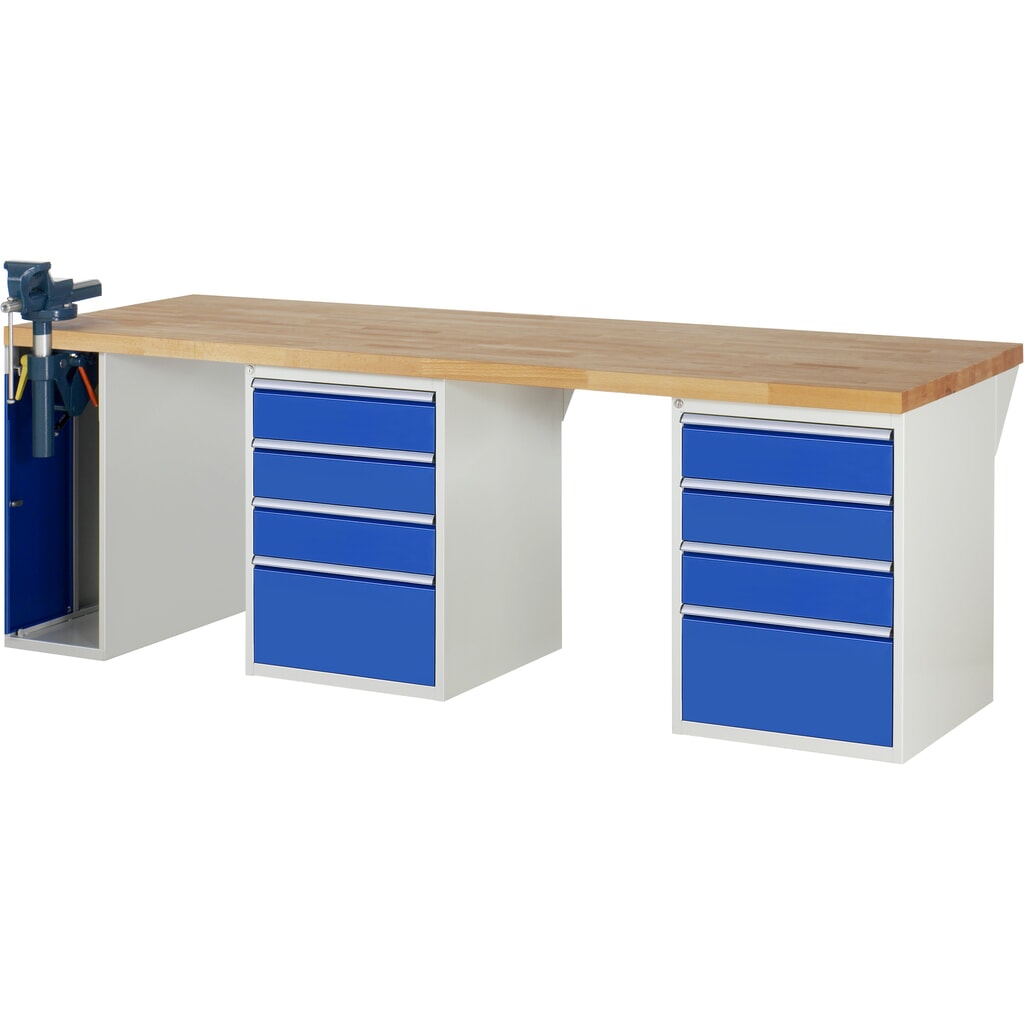 Imagen del producto: Banco de trabajo móvil RAU serie 7000, 3 contenedores, HxAxF 890 x 2.500 x 900 mm, 8 cajones extraíbles al 90 %, 1 tornillo de banco a la izquierda