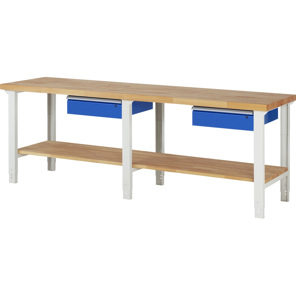 Imagen del producto: Banco de trabajo RAU serie 7000, HxAxF 790-1.140 x 2.500 x 700 mm, 1 estante inferior, 2 cajones, ErgoScript