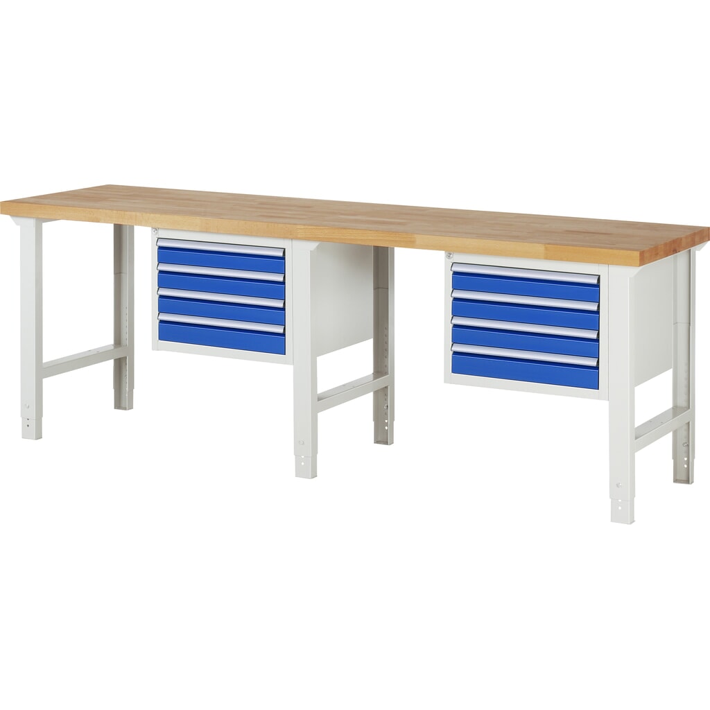 Banco de trabajo RAU serie 7000, 2 contenedor, HxAxF 790-1.140 x 2.500 x 700 mm, 8 cajones extraíbles al 90 %, 8 x 90 mm Imagen del producto: Banco de trabajo RAU serie 7000, 2 contenedor, HxAxF 790-1.140 x 2.500 x 700 mm, 8 cajones extraíbles al 90 %, 8 x 90 mm
