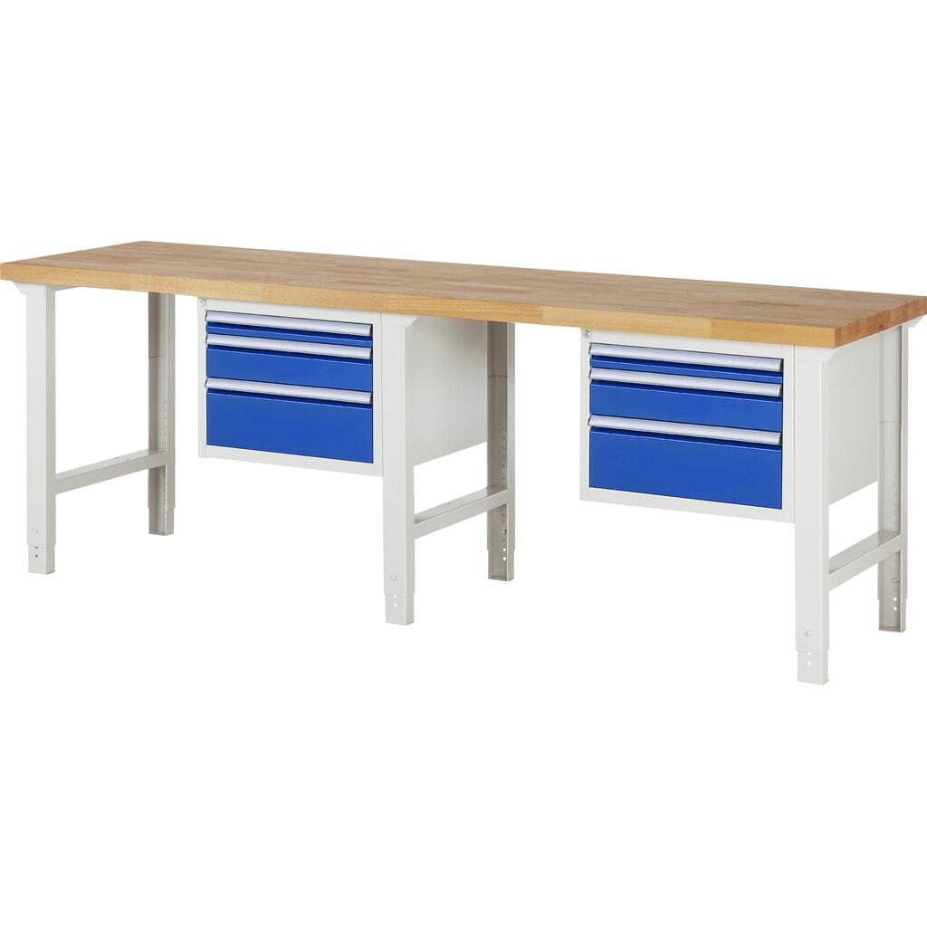Banco de trabajo RAU serie 7000, 2 contenedores, HxAxF 790-1.140 x 2.500 x 700 mm, 6 cajones extraíbles al 90%: 2 de 60 mm, 2 x 120 mm, 2 x 180 mm Imagen del producto: Banco de trabajo RAU serie 7000, 2 contenedores, HxAxF 790-1.140 x 2.500 x 700 mm, 6 cajones extraíbles al 90%: 2 de 60 mm, 2 x 120 mm, 2 x 180 mm