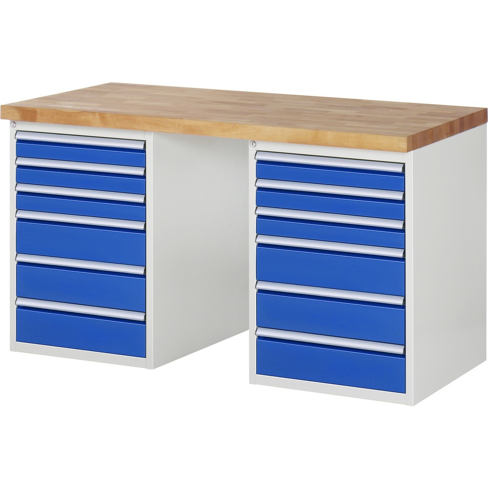 Imagen del producto: Banco de trabajo RAU serie 7000, 2 contenedores, HxAxF 890 x 1.500 x 700 mm, 12 cajones extraíbles al 90 %: 6 x 90 mm y 6 x 150 mm
