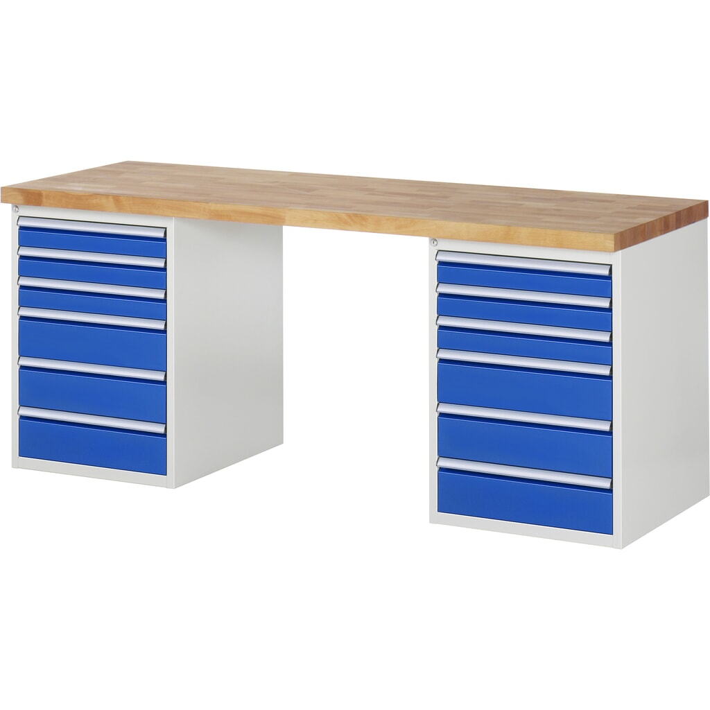 Banco de trabajo RAU serie 7000, 2 contenedores, HxAxF 890 x 2.000 x 700 mm, 12 cajones extraíbles al 90 %: 6 x 90 mm y 6 x 150 mm Imagen del producto: Banco de trabajo RAU serie 7000, 2 contenedores, HxAxF 890 x 2.000 x 700 mm, 12 cajones extraíbles al 90 %: 6 x 90 mm y 6 x 150 mm
