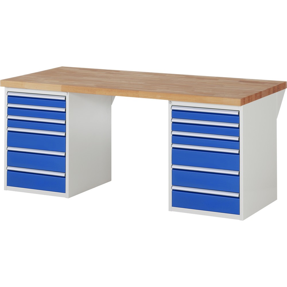 Imagen del producto: Banco de trabajo RAU serie 7000, 2 contenedores, HxAxF 890 x 2.000 x 900 mm, 12 cajones extraíbles al 90 %: 6 x 90 mm y 6 x 150 mm