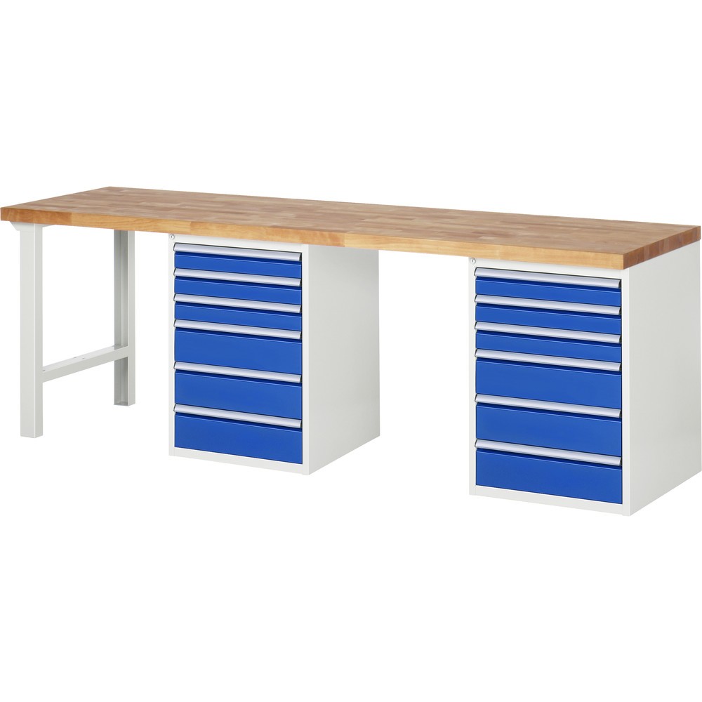 Imagen del producto: Banco de trabajo RAU serie 7000, 2 contenedores, HxAxF 890 x 2.500 x 700 mm, 12 cajones extraíbles al 90 %: 6 x 90 mm y 6 x 150 mm