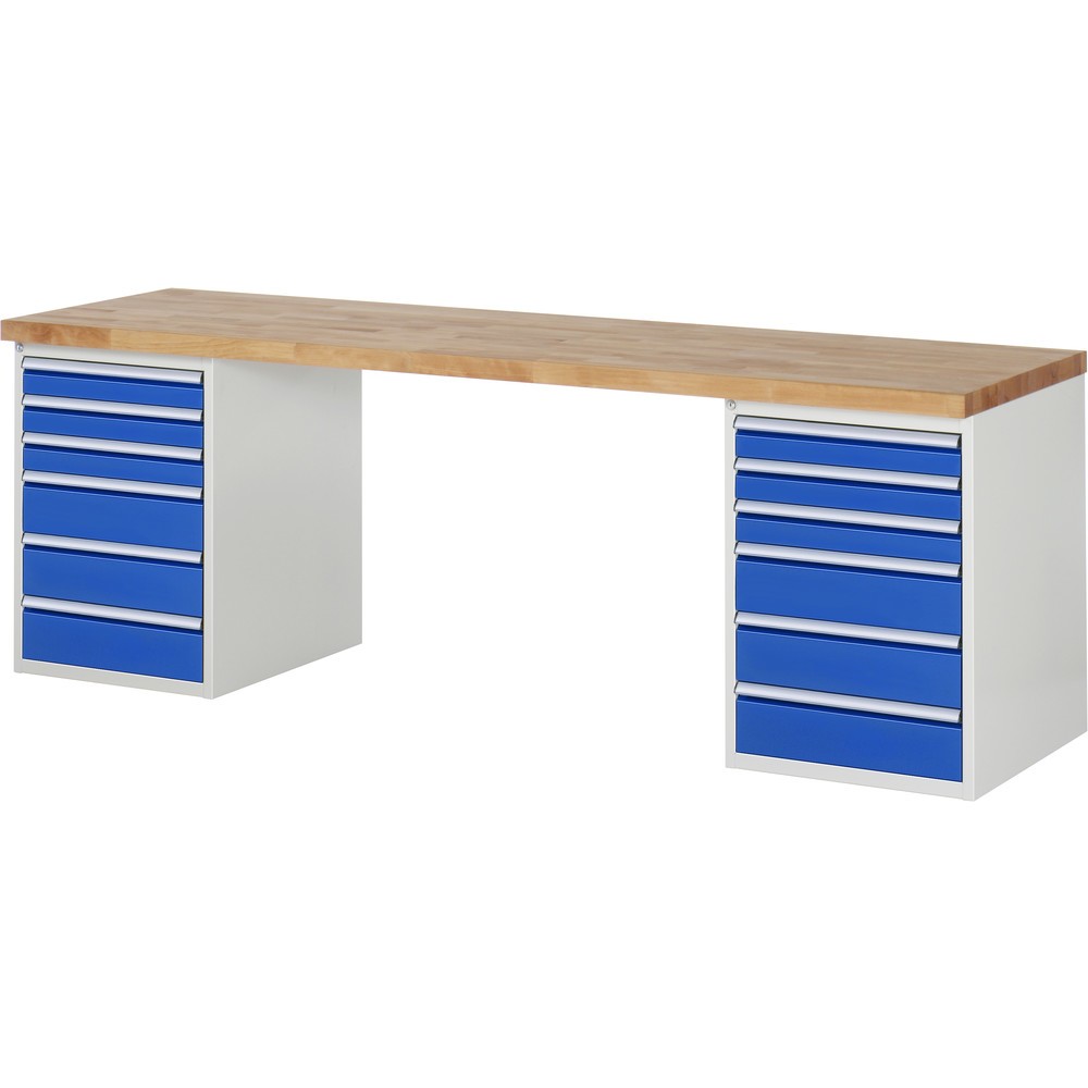 Imagen del producto: Banco de trabajo RAU serie 7000, 2 contenedores, HxAxF 890 x 2.500 x 700 mm, 12 cajones extraíbles al 90 %: 6 x 90 mm y 6 x 150 mm