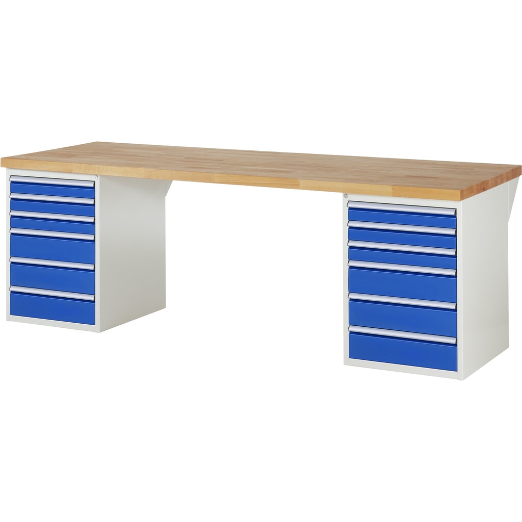 Imagen del producto: Banco de trabajo RAU serie 7000, 2 contenedores, HxAxF 890 x 2.500 x 900 mm, 12 cajones extraíbles al 90 %: 6 x 90 mm y 6 x 150 mm