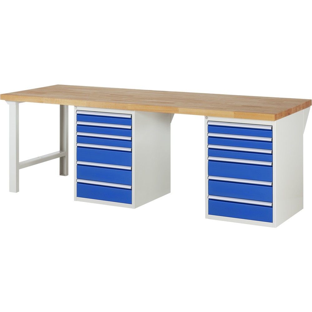 Imagen del producto: Banco de trabajo RAU serie 7000, 2 contenedores, HxAxF 890 x 2.500 x 900 mm, 12 cajones extraíbles al 90 %: 6 x 90 mm y 6 x 150 mm
