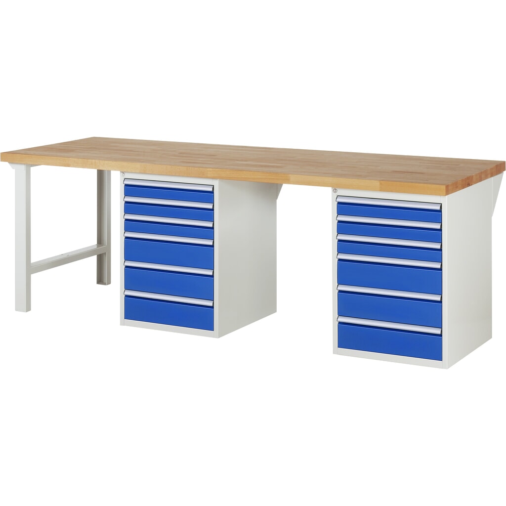 Imagen del producto: Banco de trabajo RAU serie 7000, 2 contenedores, HxAxF 890 x 2.500 x 900 mm, 12 cajones extraíbles al 90 %: 6 x 90 mm y 6 x 150 mm